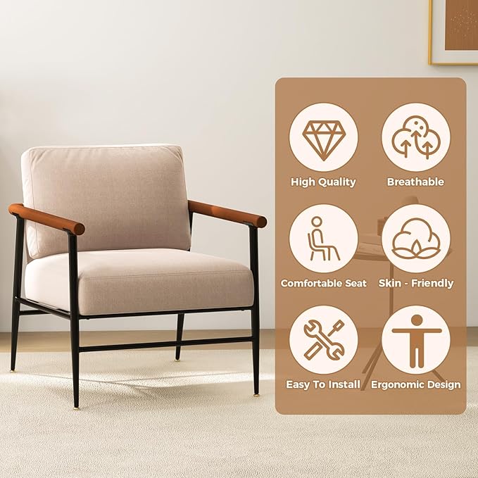 Accent Chair Mid Century Modern Chair Linen Fabric Living Room Lounge Chair with with Overstuffed Back Pillow and Cushion Reading Side Chair Easy Assembly for Living Room, Bedroom, Belcony (1)
