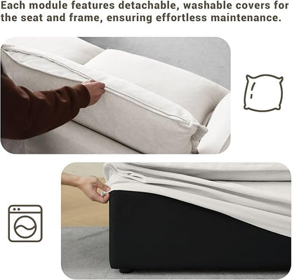 82” Modular Sectional Sofa, Comfy Down Fill Cloud Couch with Movable Ottoman, L Shaped Modular Small Couch with Washable Cover, Sectional Couches for Living Room Small Apartments, Cream White