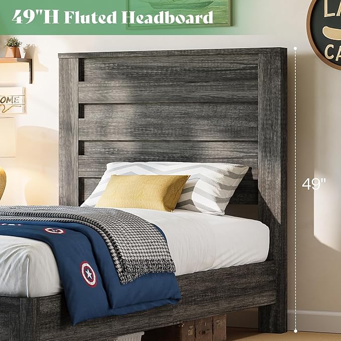 AMERLIFE Farmhouse Twin Platform Bed Frame with 49" Fluted Headboard, Wooden Bed with Natural Grain Finish, Noise-Free, No Box Spring Required, Easy Assembly, Grey
