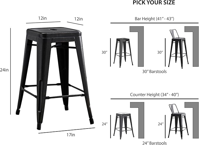 AC Pacific 24” Metal Backless Barstool Set of 2 – Country Rustic Style, Lightweight & Sturdy Build, Easy Assembly – Distressed Black Finish