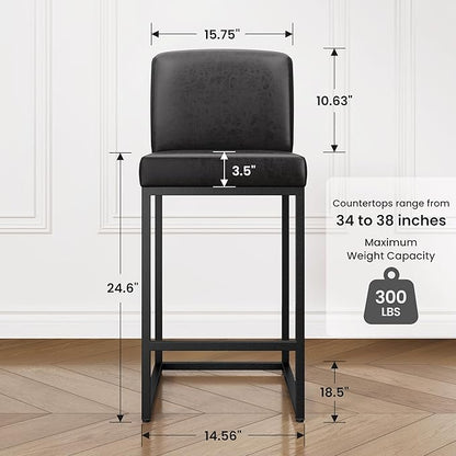 PHI VILLA Black Bar Stools Set of 4, Counter Height 24'' Barstool Pu Leather Bar Stools with Back, Kitchen Bar Chairs