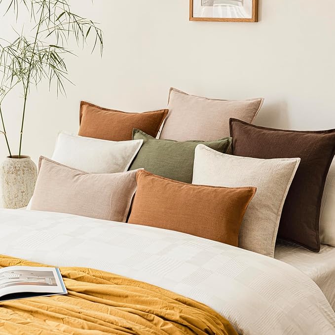 Foindtower Pack of 2, Decorative Linen Soild Throw Pillow Covers Soft Accent Cushion Case Boho Farmhouse Neutral Pillowcase for Couch Sofa Bedroom Living Room Home Decor 12 x 20 Inch Reddish Brown