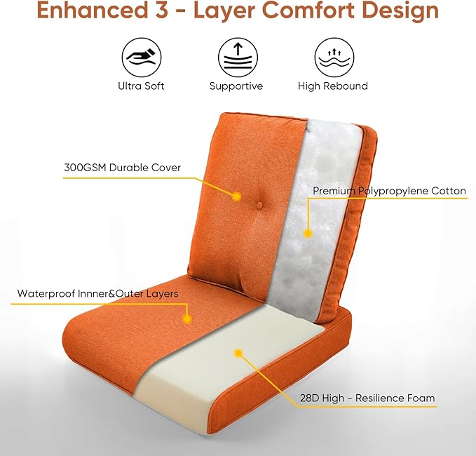 9-Piece Outdoor Patio Cushion Set - Fade & Water Resistant with Removable Olefin Cover, 22x24x4 Inch Memory Foam Cushions for Wicker Sectional Sofa – Orange/Buckle