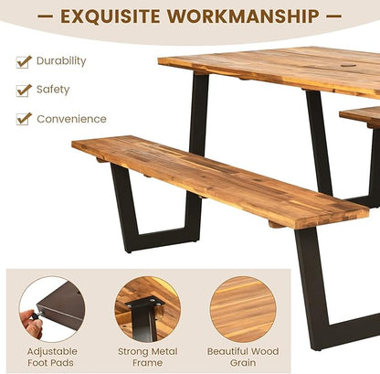 COSTWAY Acacia Wood Picnic Table, 70” Tabletop with Umbrella Hole, Strong Metal Frame, 6 Person Outdoor Picnic Table Bench Set for Patio, BBQ, Dining