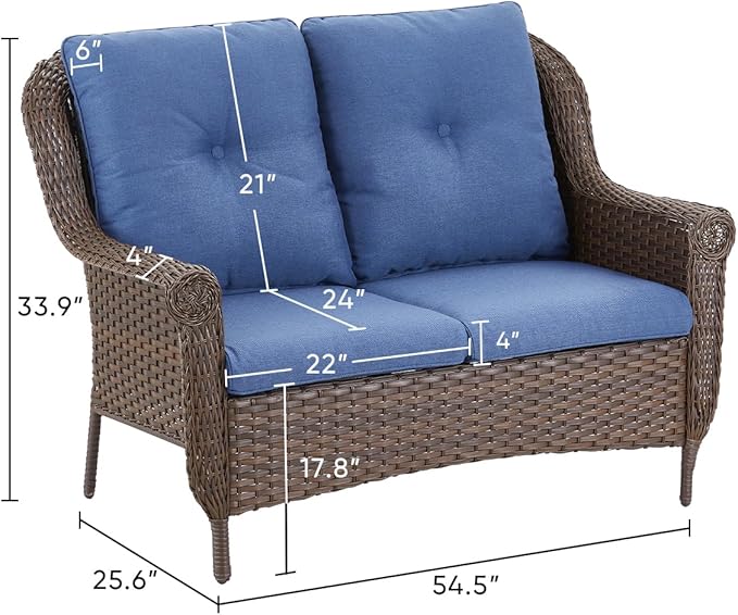 Patio Loveseat Outdoor Wicker Sofa - Heavy Duty All-Weather Brown Rattan 2-Person Sofas with High Back and Comfortable Thick Cushions for Garden Back Porch Poolside Apartment - Navy Blue