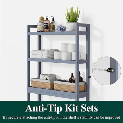 Smiry Over The Toilet Storage Cabinet, 3-Tier Bamboo Bathroom Organizers with Adjustable Shelf & 4 Hooks, Space Saving Shelf Rack for Bathrooms, Laundry Room, Balcony, Grey