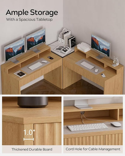 47" Fluted Office Desk with Storage Shelf, Modern Wood Executive Desk with Long Monitor Stand & 2 Drawers, Home Writing Study Computer Table Vanity Desk, Natural Oak