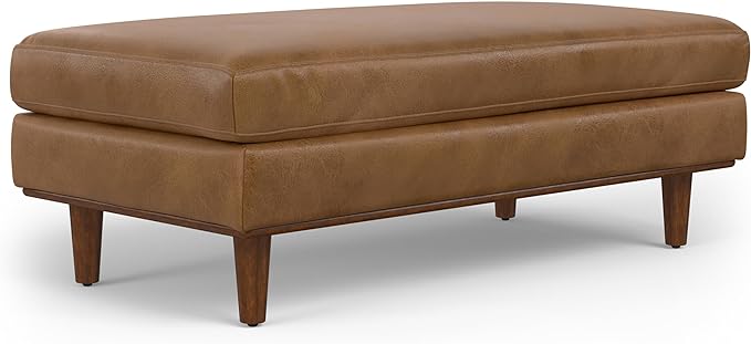 SIMPLIHOME Morrison 49 inch Wide Large Rectangular Ottoman in Caramel Brown Genuine Leather, Multifunctional Footrest, Coffee Table, and Extra Seating for Living Room, Mid-Century Modern Style