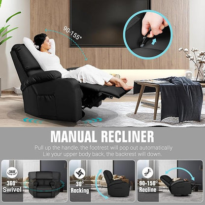 Rocking Recliner Chair, Massage Rocker Recliner Chair with Vibration Massage and Heat, 360° Swivel Faux Leather Chairs, Living Room, Bedroom, Nursery, RV, Black