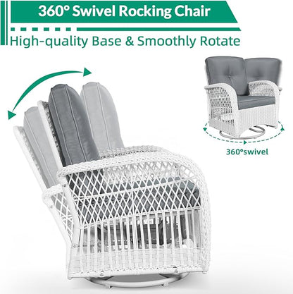 VIVIJASON 5-Piece Outdoor Patio White Wicker Conversation Sets, All Weather Outdoor Rattan Furniture Set Includes Glider Loveseat, 2 Coffee Table, 2 Swivel-Gliders Chairs with Cushions, Grey
