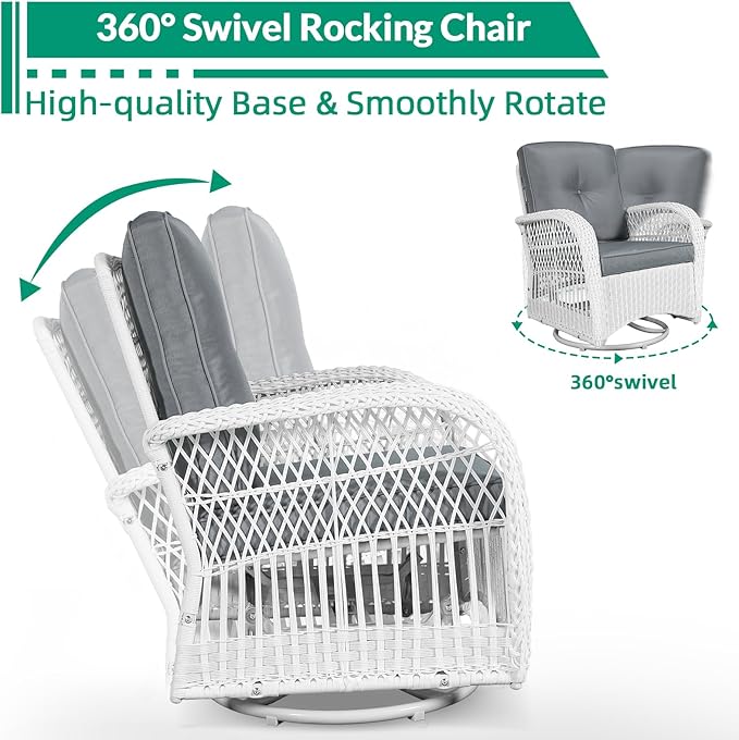 VIVIJASON 3-Piece Outdoor Conversation Bistro Set, Patio Swivel Glider Rocking Chairs Rattan Furniture Sets w/ 2 White Rattan Chairs, Glass Top Side Table for Porch Backyard, Grey Cushions