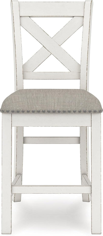Signature Design by Ashley Robbinsdale Farmhouse Upholstered Barstool, Set of 2, X-Back, Nailhead Trim, Wood, 24.75" H, White & Light Gray