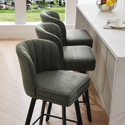 Swivel Counter Height Bar Stools Set of 3, 30'' Modern Barstools with Backs and Metal Legs, Upholstered Bar Chairs, Faux Leather Green Stools for Kitchen Island Chairs