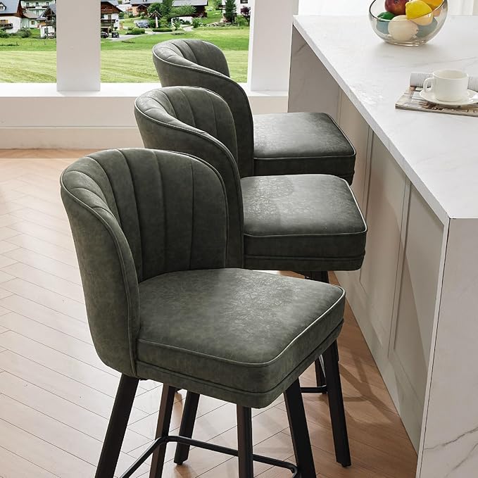 Swivel Counter Height Bar Stools Set of 4, 30'' Modern Barstools with Backs and Metal Legs, Upholstered Bar Chairs, Faux Leather Green Stools for Kitchen Island Chairs