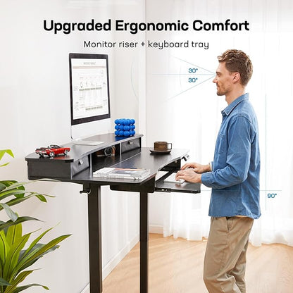 HUANUO 48" x 26" Electric Standing Desk with 2 Drawers & 26.7" Large Keyboard Tray, C-Clamp Mount Compatible, Adjustable Computer Desk for Home Office, Stand Up Desk with 4 Height Presets, Black