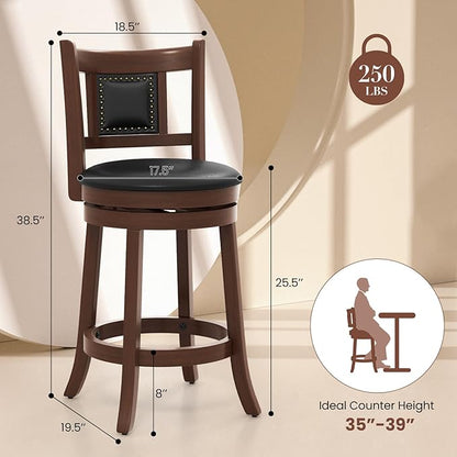 COSTWAY Bar Stools Set of 4, 25.5” Swivel Upholstered Counter Height Bar Stool with Curved Backrest & Cushioned Seat, Solid Rubber Wood Legs & Resting Footrest, for Kitchen Island (4, 25.5”)