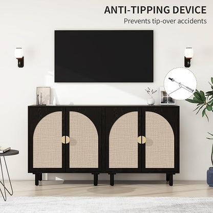 Black Rattan Cabinet-2-Doors,Sideboard Buffet Cabinet with Storage-Accent Storage Cabinet with Cane Door, Boho Wood Credenza for Living Room, Kitchen (Black Set 2)