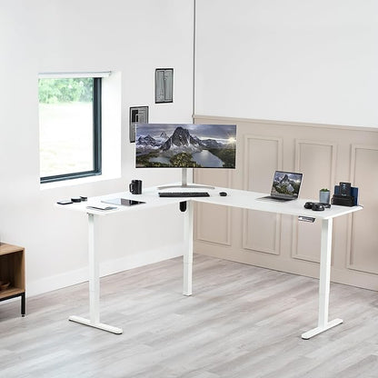 VIVO Corner Standing Desk, 75 x 63 inch Reversible L-Shaped Workstation, Electric Height Adjustment, Home, Office, and Reception Rooms, White Table Top White Frame, DESK-E3CTW-75