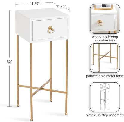 Kate and Laurel Decklyn Decorative Glam Tea Table; 12 x 12 x 30; White and Gold; Modern Living Room Drink Table with Pull Drawer for Useful Storage