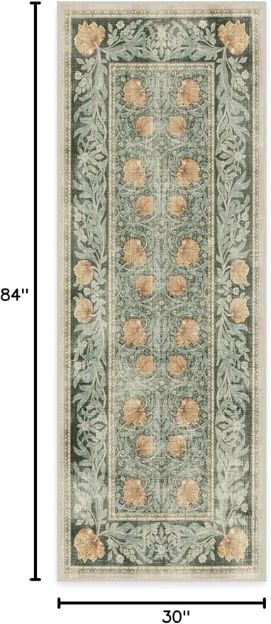 RUGGABLE x Morris & Co Machine Washable Runner Rug – Pimpernel Vintage Green 2.5x7, Stain-Resistant, Non-Slip – Washable Rug for Hallway, Entryway, Living Room & Kitchen–with Cushioned Pad