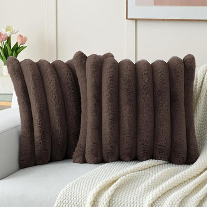 FUTEI Dark Coffee Decorative Throw Pillow Covers 20x20 Inch Set of 2, Square Soft Faux Rabbit Fur Big Striped Cushion Cover,Home Decor for Couch Sofa Bed Living Room