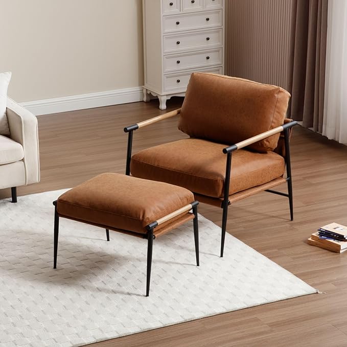 LukeAlon PU Leather Accent Chairs Set of 2, Ultra Soft Lounge Chairs with Metal Legs Modern Armchairs Upholstered Mid-Century Comfy Leisure Chair for Bedroom Living Room Reception Area, Brown