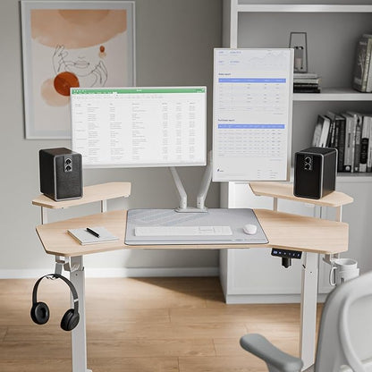 EUREKA ERGONOMIC Aero 55 Inch W Shaped Electric Standing Desk, Height Adjustable Computer Gaming Desk with LED Monitor Shelf, Mouse Pad, Headphone Hook, Cup Holder, Natural Maple
