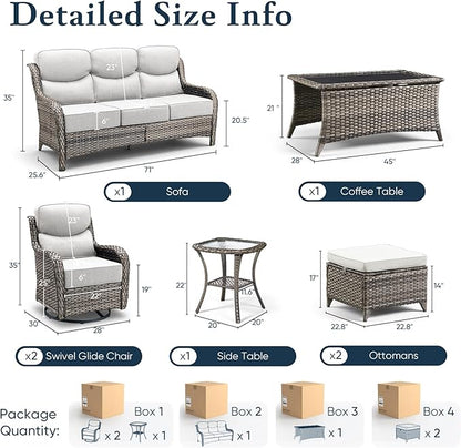 Belord Luxury 6" Thick Cushioned 7 Pieces Patio Furniture Set with Outdoor Couch, Wicker Outdoor Conversation Set with High Back Swivel Rocker Chairs for Deck Porch Yard and Poolside - Grey+Beige
