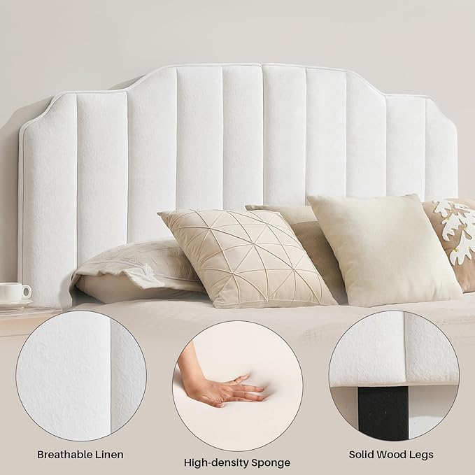 King Size Headboard, White Upholstered Headboard Adjustable Height&Width Velvet Headboards Modern Vertical Channel Design Bed Head Board, White