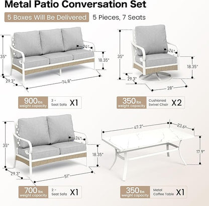 6 Piece Metal Outdoor Patio Furniture Set, Patio Conversations Set 3-Seater Couch, 2-Seater Sofa, 2 Swivel Sofa with 5.75" Thick Cushion and Coffee Table White Backyard Furniture, Gray