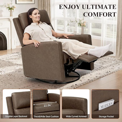 COLAMY Swivel Rocking Recliner,Wide PU Leather Glider Sofa Chair with Ergonomic High Backrest for Living Room, Office, Bedroom（Warm Gray）