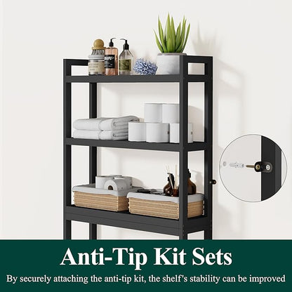 Smiry Over The Toilet Storage Cabinet, 3-Tier Bamboo Bathroom Organizers with Adjustable Shelf & 4 Hooks, Space Saving Shelf Rack for Bathrooms, Laundry Room, Balcony, Black