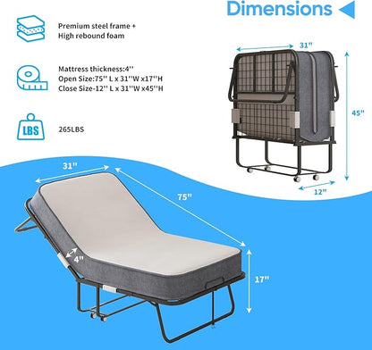 Mjkone Folding Bed with Mattress for Adults, 75" x 31" Rollaway Bed with Mattress, Space Saving Roll Away Frame Lockable Wheel, Sturdy Fold Up Beds and Memory Foam for Bedroom/Guest
