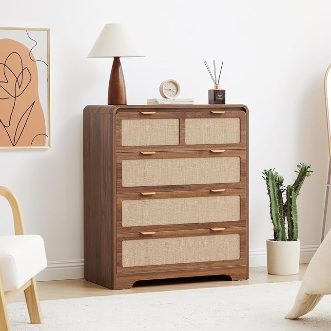 Mid Century Modern Dresser for Bedroom with 4 Drawers, 35" Tall Chest of Drawers with Natural Linen, Curved Wood Dresser Closet Clothes Storage Organizer for Living Room, Hallway((Walnut)