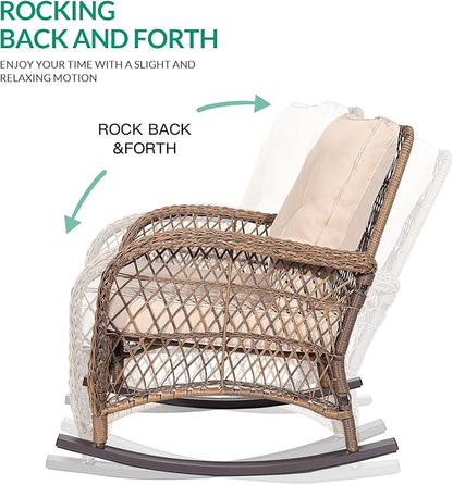 VIVIJASON 4-Piece Outdoor Patio Wicker Conversation Sets, All Weather Outdoor Rattan Furniture Set Includes Glider Loveseat, Coffee Table, 2 Rocking Chairs with Cushions for Backyard, Light Brown