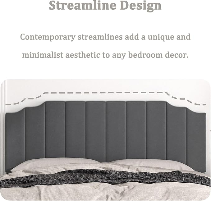 King Size Headboard Only, Velvet Wall Mounted Headboard King/California for Adjustable Bed Modern Upholstered Head Board Easy Assembly, Dark Gray
