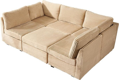 130'' Modern Modular Sectional Sofa with Movable Ottoman,5 Seats Cloud Comfort Corduroy Fluffy Couch,L Shaped Convertible Sofa Couch for Living Room,Beige