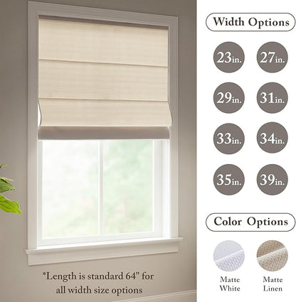 Madison Park Galen Matte Linen Cordless Roman Shades - Fabric Privacy Single Panel Darkening, Energy Efficient, Thermal Insulated Window Blind Treatment, for Home, Living Room Decor, 33" W x 64" H