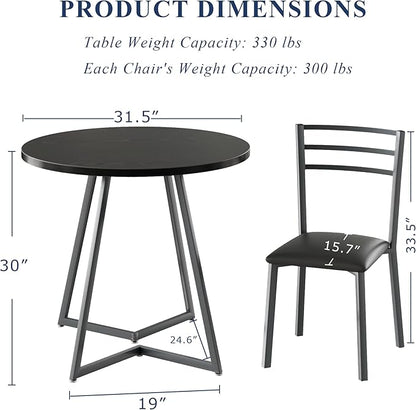 VECELO Round Dining Table Set for 2, Heavy-Duty Metal Frame & Upholstered Chair for Breakfast Nook, Kitchen, and Small Space, Matte Black