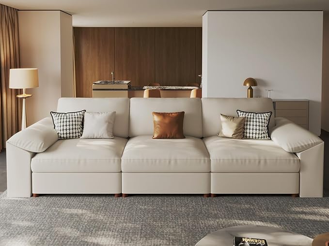 EASE MOOSE 3 Seater Deep Seat Sectional Sofa,Scratch Resistant Faux Leather Material, Oversized Modular Couch for Living Room,Modern Comfy Sofas for Small Spaces, Beige