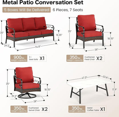 6 Piece Metal Outdoor Patio Furniture Set, Patio Conversation Set with Swivel Chair and 5.75" Thick Cushion & Coffee Tabl, Outdoor Seating Black Frame Backyard Furniture, Rust Red