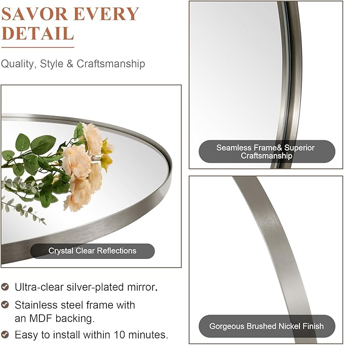 ANDY STAR Arched Mirror, 20" x 30" Brushed Nickle Bathroom Mirror in Stainless Steel Metal Frame, Arch Top Rounded Corner 1" Deep Set Design Wall Mount Hangs Vertical
