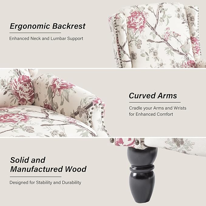 Recliner Chair, Upholstered Wingback Floral Pushback Armchair with Adjustable Backrest & Footrest, Comfy Accent Chair for Small Spaces, Living Room, Bedroom-Plants Floral, Set of 1