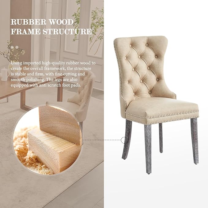 Leather Dining Chair Set of 4, Dining Room Chairs with Nailhead Ring Pull Trim, Upholstered Dining Chairs with Solid Wood Legs for Kitchen Dining Room (Beige)