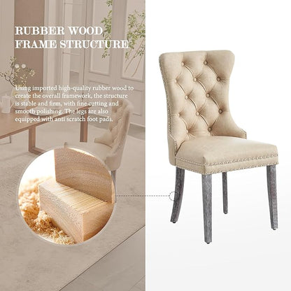 Leather Dining Chair Set of 4, Dining Room Chairs with Nailhead Ring Pull Trim, Upholstered Dining Chairs with Solid Wood Legs for Kitchen Dining Room (Beige)