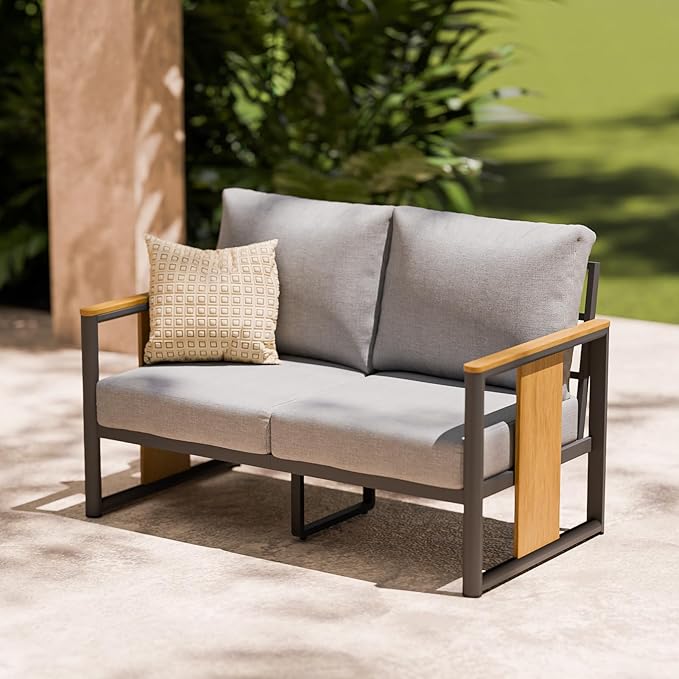 ZANDOR Aluminum Outdoor Patio Furniture Set – 1 Pcs Loveseat with Washable Thick Cushions,All-Weather Modern Metal Furniture for Garden,Backyard,Porch,Grey