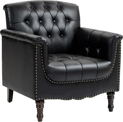 UIXE Faux Leather Accent Chairs Set of 2, Comfy Club Chair Upholstered Armchair for Living Room, Button Tufted Arm Chair Retro Single Sofa Side Reding Seat for Bedroom - Black