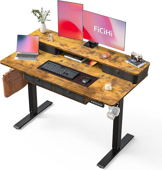 FiCiHi Adjustable Height Standing Desk with 4 Drawers,48 x 24 inches Electric Sit Stand Home Office Desk with Two Tiers, 3 Memory Presets, Monitor Stand Riser