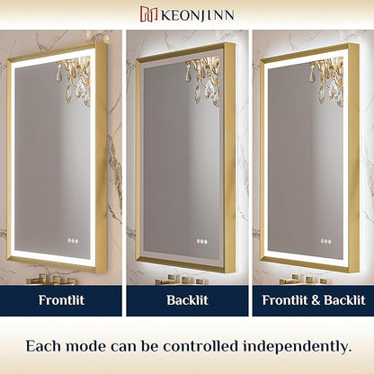 Keonjinn 24” x 32” LED Bathroom Mirror with Frontlit & Backlit, Gold Metal Framed Beveled Edge Mirror for Wall, LED Mirror with Anti Fog, Stepless 3-Color Temperatures, UL-Listed LED Driver