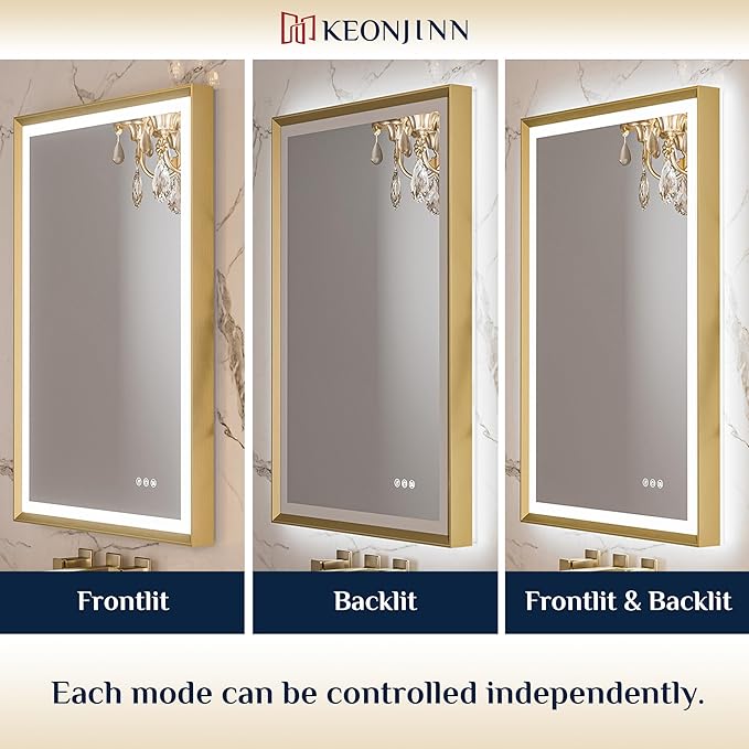 Keonjinn 48” x 36” LED Bathroom Mirror with Frontlit & Backlit, Gold Metal Framed Lighted Mirror with Stepless Dimmable 3-Color Temperatures, Anti Fog, UL-Listed Driver, No Dark Corner